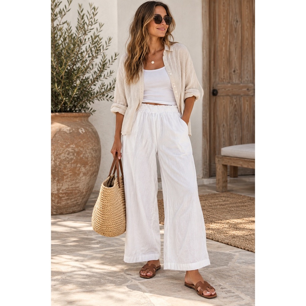 Match Point Linene Wide Leg Pull On Cropped Ankle Pant White Medium